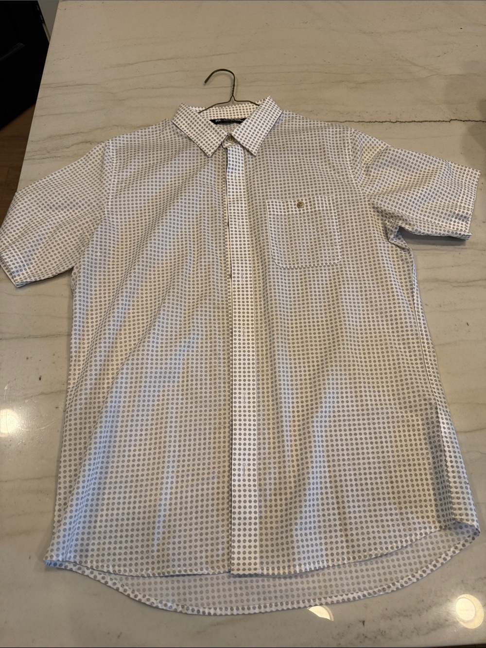 Travis Mathew White Short-Sleeve Button-Down with Navy Micro Dot
